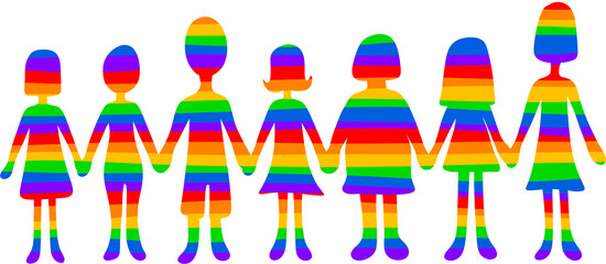 Seven figures with rainbow stripes hold hands in a line against a light gray background. Shadows of LGBTQ people.