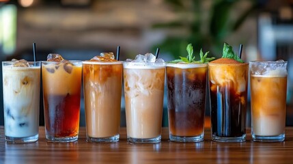 Refreshing selection of iced beverages in a vibrant cafe setting during summer