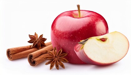 Red apple apple slice and cinnamon sticks isolated on white background
