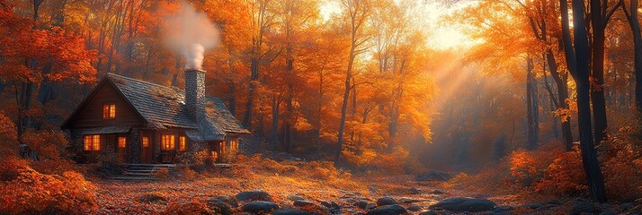 Cabin with smoke in autumn forest with orange and yellow foliage.