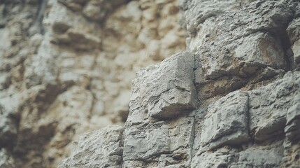 Close-up view of layered, light-colored rock formations.  Detailed texture of  squared blocks, various shades of beige and gray.  Rough, uneven surfaces