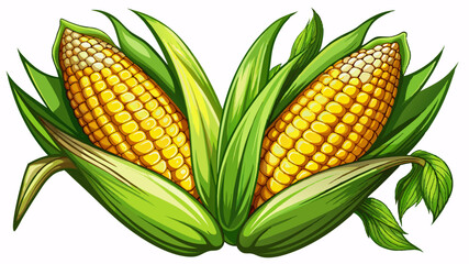 2 fresh corn ears with leaves isolated on white background