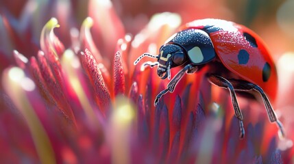 A vibrant red ladybug exploring a blooming flower in sunlight