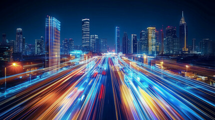 データの流れを可視化した光速都市の夜景