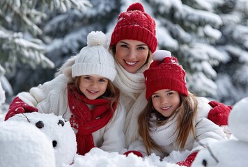A mother and her two children, wearing red hats, white coats, and scarves, make snowmen in the snowy park on Christmas Day