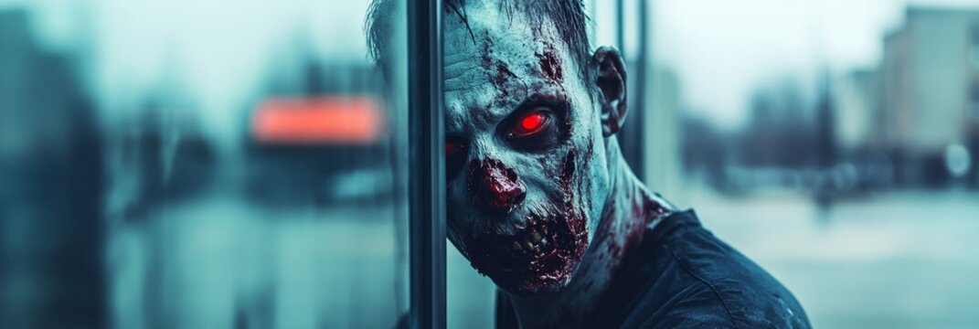 Creepy undead creature with glowing red eyes peering through shattered glass in a deserted city, evoking themes of horror and survival within a post apocalyptic landscape
