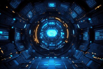 Futuristic portal room with glowing patterns. Intricate details evoke technology and sci-fi