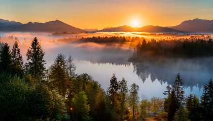 Fototapeta premium Sunrise and fog over lake and forest