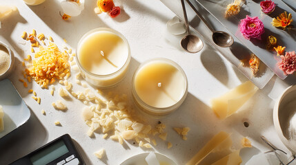 Overhead shot of two pale yellow candles, wax pieces, dried flowers, and scales, suggesting candle-making process, showcasing natural ingredients and handmade quality