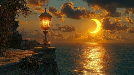 Fototapeta premium Coastal lantern at sunset with crescent moon