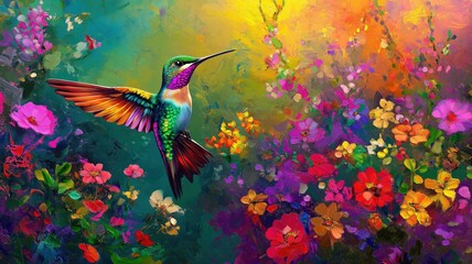 humming bird collecting honey from flowers, colourful art graphics