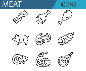 Set of Meat and Poultry Icons for Grocery, Restaurant, and Cooking Projects
