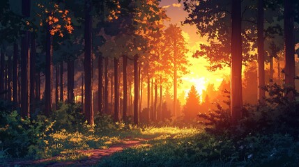 Tranquil forest tableau sunset with warm hues softly illuminating the layered canopy and dappled forest floor evoking a peaceful farewell to the day