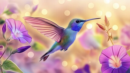humming bird collecting honey from flowers, colourful art graphics