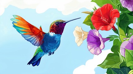 humming bird collecting honey from flowers, colourful art graphics