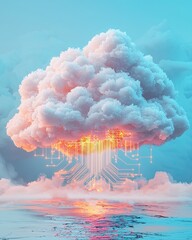 cloud abstraction Futuristic cloud with digital circuitry and serene ocean reflection. AI cloud computing background