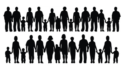 Diverse Group Silhouettes of Adults and Children – Minimalist Vector Art of Social Unity and Community