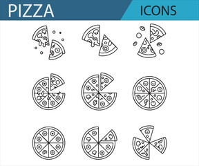 Naklejka premium Icon Set Featuring Different Pizza Slices, Toppings, and Crust Types