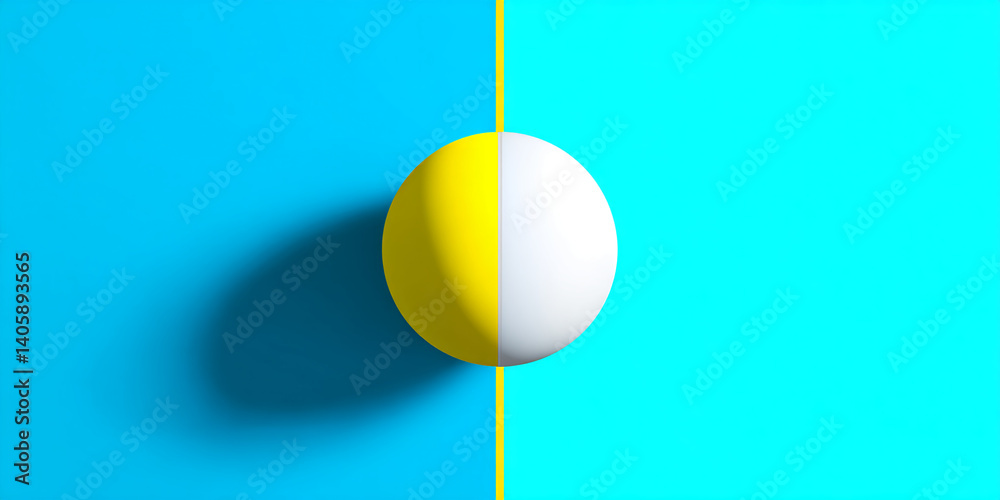 Poster Half yellow, half white sphere on cyan background divided by thin yellow line, creating minimal abstract composition suitable for modern design, showcasing product or text