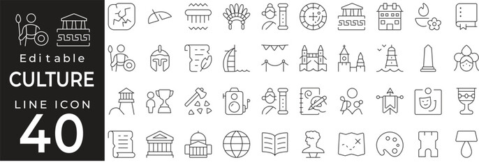 Arts & Culture set of web icons in line style. Iconic collection of ballet, music, performance, museum, theater, cinema, literature, dance, comedy, and photography. Editable stroke.