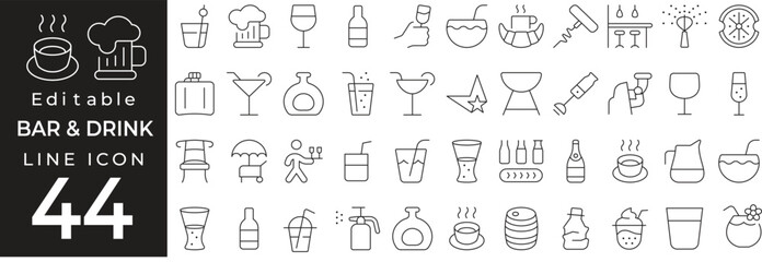 Food and drink icon collection in thin line style. Includes beverages, meals, fast food, desserts, restaurant and bar-related items. Editable stroke.