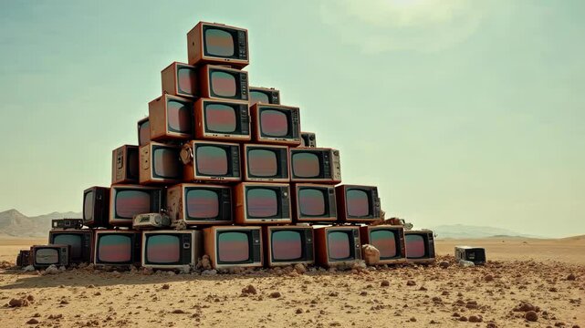 Dozens of retro TVs stacked in a pyramid shape in a barren desert with soft sky, symbolizing outdated media or forgotten technology