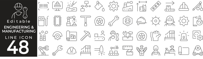 Engineering & manufacturing icons in line style. Icon collection includes finance, strategy, marketing, industrial tools, automation, planning, leadership, and innovation concepts. Editable stroke.