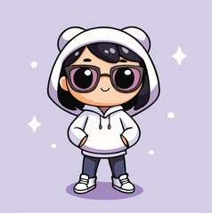 Fototapeta premium Cute Anime Girl In Hoodie Wearing Glasses On Pastel Background Illustration
