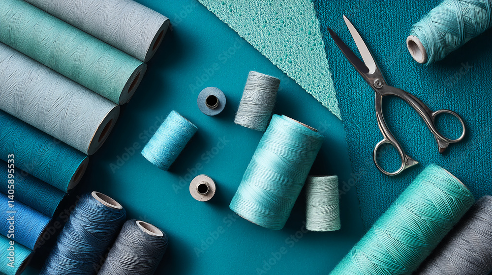 Poster overhead view of teal and gray thread spools, fabric swatches, and scissors on a teal background, sh