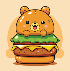 Cute Cartoon Bear Inside Burger Illustration Food Design Concept