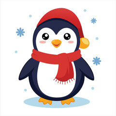 Fototapeta premium Cheerful Cartoon Penguin with Winter Scarf and Hat in Snowy Setting