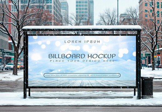 Billboard Mockup at Snowy Bus Stop in Urban Winter Scene