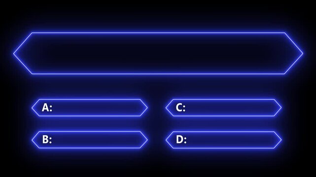 Quiz Neon Line Animation with option selection on black background ,Quiz template challenge with option selection, quiz game animation.