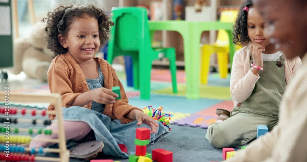 Aufkleber Kid, student and play with blocks in class for learning, problem solving and creative activity. Children, laugh and building fail with education game, puzzle solution and motor growth in kindergarten