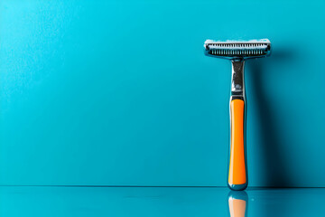 Sleek metallic shaving razor placed against a blue background. 