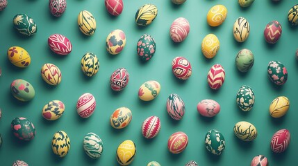 Decorative colorful Easter eggs with pattern on a sea green color backdrop