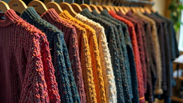 Rows of multicolored chunky knit sweaters neatly arranged on wooden hangers in a cozy boutique setting, showcasing a warm winter fashion concept