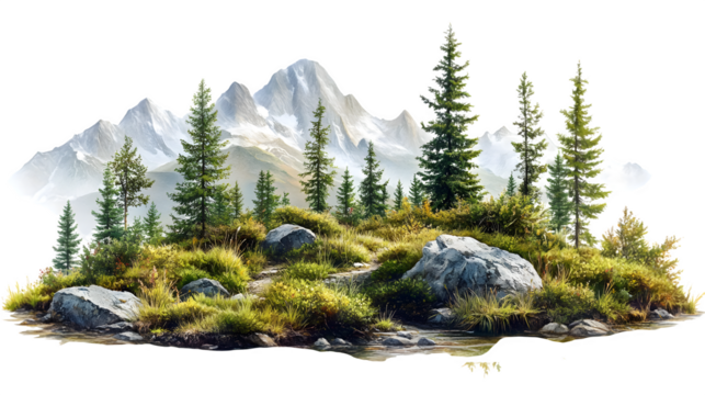 Alpine forest isolated on white background, HD, realistic