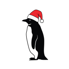 Cute Black And White Penguin Wearing A Christmas Santa Hat Vector Illustration