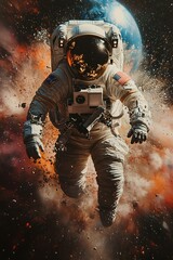 Astronaut floats in space with earth and colorful nebula in the background.