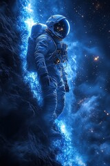 Fototapeta premium Astronaut floating in space surrounded by blue energy and stars.