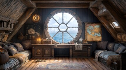 Obraz premium Cozy attic room with ocean view