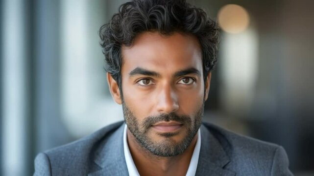 Confident Portrait of a Business Professional: A focused, handsome individual with intense eyes and a neatly trimmed beard. The image captures the essence of contemporary business.