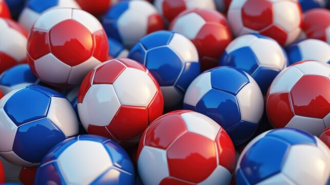 Pile of colorful soccer balls red white blue sports background fun game team goal match field vivid illustration