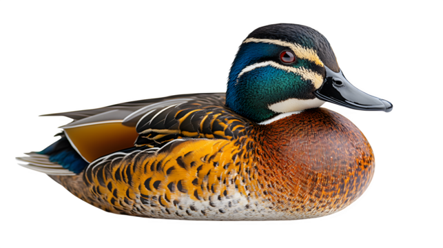 Baikal teal duck isolated on white background, HD and realistic
