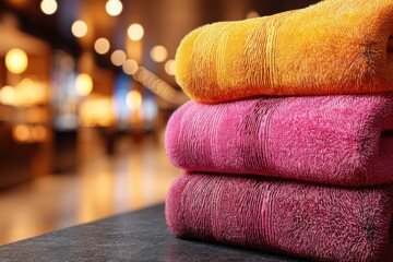 Stack of soft and fluffy folded towels in vibrant colors against a blurred background, creating a sense of comfort and relaxation for a spa or hotel promotion.