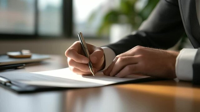 Diplomat signing non-proliferation treaty in conference room