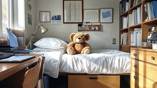 Sunny dorm room with teddy bear