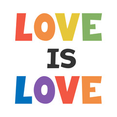 Bold rainbow text Love Is Love isolated on white background. Flat minimal style. LGBTQ pride message, equality slogan, colorful typography design for posters, stickers, banners, social media