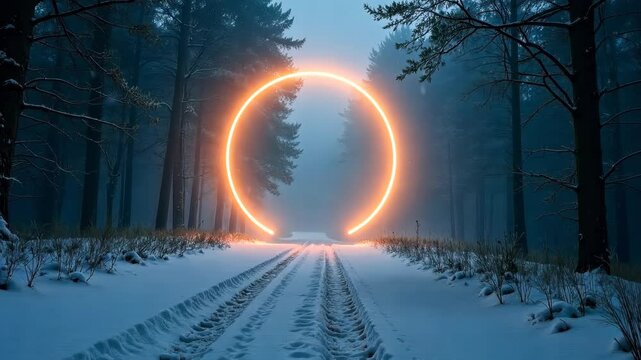 Bright orange ring glows in snowy forest with tire tracks on ground, surreal atmosphere, twilight lighting, mysterious concept
